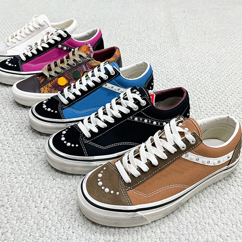 Latest Designer Canvas Shoes Men Women Pearlized Sneakers White Fuchsia Red Blue Pearl Shoes Retro Skate Flats Trainers Outdoor Casual Shoes 1083 - 6 of 9
