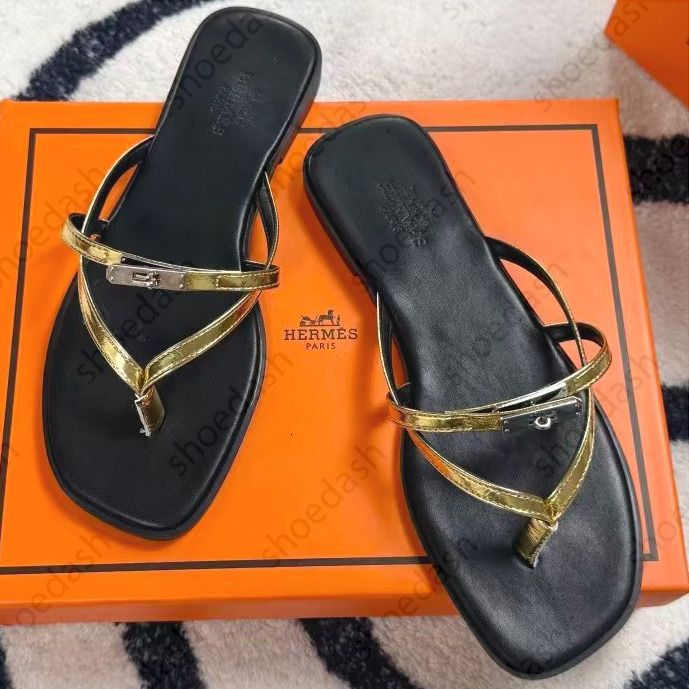 Miss Designer Sandals Womens Flat Thong Sandals Square Toe Leather Flip Flops Metal Buckle Casual Shoes Slides Summer Beach Outdoor Non Slip Slippers - 6 of 8
