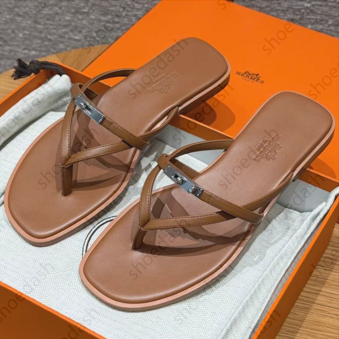 Miss Designer Sandals Womens Flat Thong Sandals Square Toe Leather Flip Flops Metal Buckle Casual Shoes Slides Summer Beach Outdoor Non Slip Slippers - 3 of 8