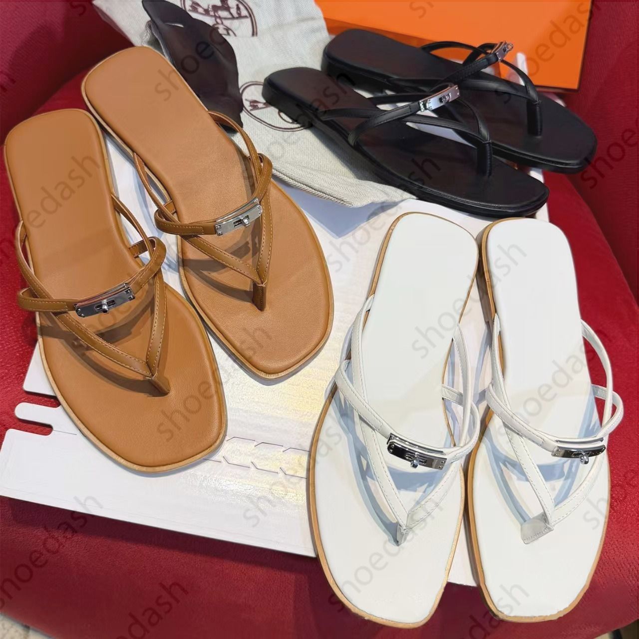 Miss Designer Sandals Womens Flat Thong Sandals Square Toe Leather Flip Flops Metal Buckle Casual Shoes Slides Summer Beach Outdoor Non Slip Slippers - 1 of 8
