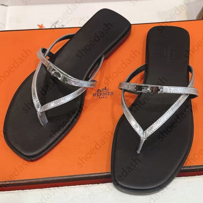 Miss Designer Sandals Womens Flat Thong Sandals Square Toe Leather Flip Flops Metal Buckle Casual Shoes Slides Summer Beach Outdoor Non Slip Slippers - 5 of 8