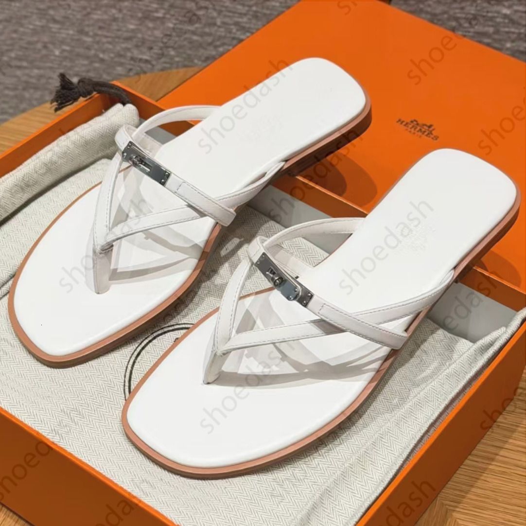 Miss Designer Sandals Womens Flat Thong Sandals Square Toe Leather Flip Flops Metal Buckle Casual Shoes Slides Summer Beach Outdoor Non Slip Slippers - 4 of 8