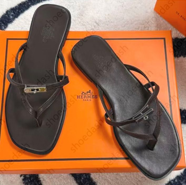Miss Designer Sandals Womens Flat Thong Sandals Square Toe Leather Flip Flops Metal Buckle Casual Shoes Slides Summer Beach Outdoor Non Slip Slippers - 7 of 8