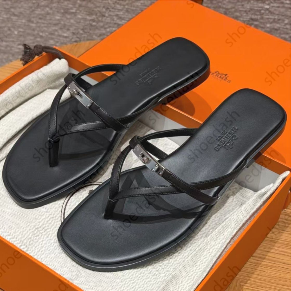 Miss Designer Sandals Womens Flat Thong Sandals Square Toe Leather Flip Flops Metal Buckle Casual Shoes Slides Summer Beach Outdoor Non Slip Slippers - 2 of 8
