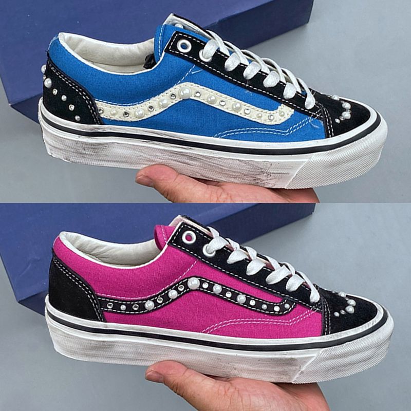 Latest Designer Canvas Shoes Men Women Pearlized Sneakers White Fuchsia Red Blue Pearl Shoes Retro Skate Flats Trainers Outdoor Casual Shoes 1083 - 2 of 9