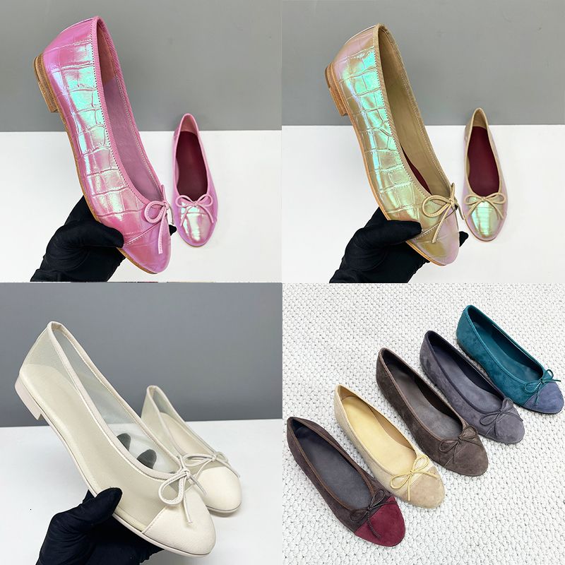2026 Suede Ballet Flats Designer Loafers Women Iridescent Croc Embossed Ballerine Shoes Bow Sandals Fashion Mesh Dress Shoes Girls Boat Shoes 891 - 1 of 8