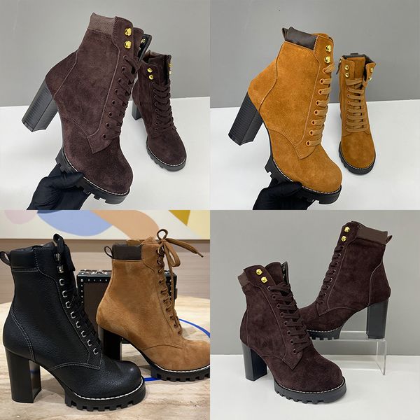 2026 Luxury Star Trail Ankle Boots Premium Women's Suede Calf Leather High-Heel Boot Camel Brown Chunky Block Heels Trendy Winter Footwear 1178 - Shoes & Accessories - jerseydock