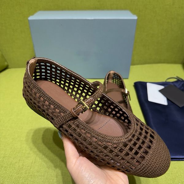 High Quality Crochet Ballet Flats Women Designer Knit Shoes Ladies Hollow Out Woven Mesh Flat Sandals Square Toe Metal Triangle Mary Jane Walking Shoes 1138 - Shoes & Accessories - jerseydock