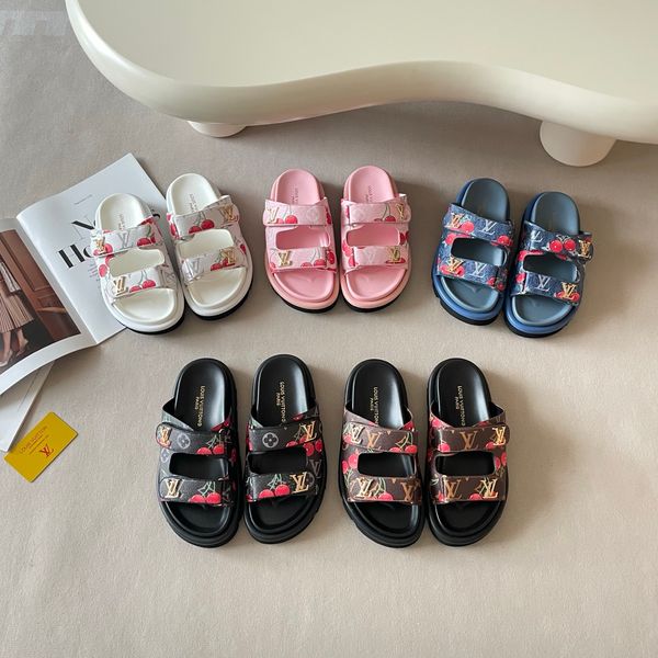 LV x TM Pool Pillow Flat Mule Cherry Print Platform Slide Sandals Women Adjustable Double Strap Metal Thick Sole Casual Outdoor Beach Couple Slippers Multiple colors - Shoes & Accessories - jerseydock
