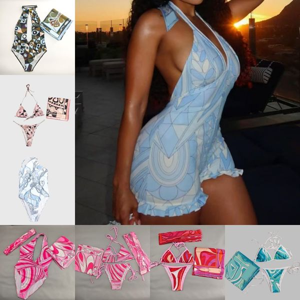 Mixed Prints Bikini Swimwear Headband Scarf Designer Women Sexy V Neck Swimsuits Sarong Skirt Halter Sleeveless Beachwear Beach Holiday Bathing Suits Swimsuit - Apparel - jerseydock