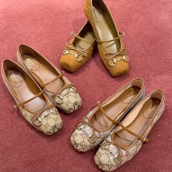 Horsebit Ballet Flat Shoes Designer Shoes Women Dress Fashion Luxury Suede Leather Stin Canvas Pig Nose Square Headbow Mary Jane Shoes - Shoes & Accessories - jerseydock