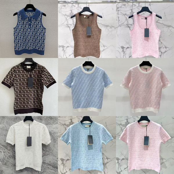 Womens Designer T Shirt Luxury Jacquard Knit Short Sleeve Textured Geometric Pattern Slim Fit Summer Tops - Apparel - jerseydock