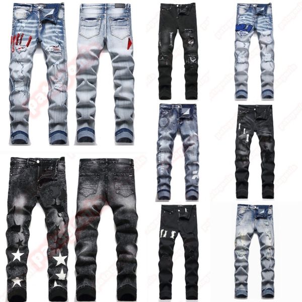 Mens Designer jeans Fashion Jeans European America Style Jean Streetwear Letter Embroidery Pants Patchwork Ripped For Motorcycle Pant Skinny Jeans - Apparel - jerseydock